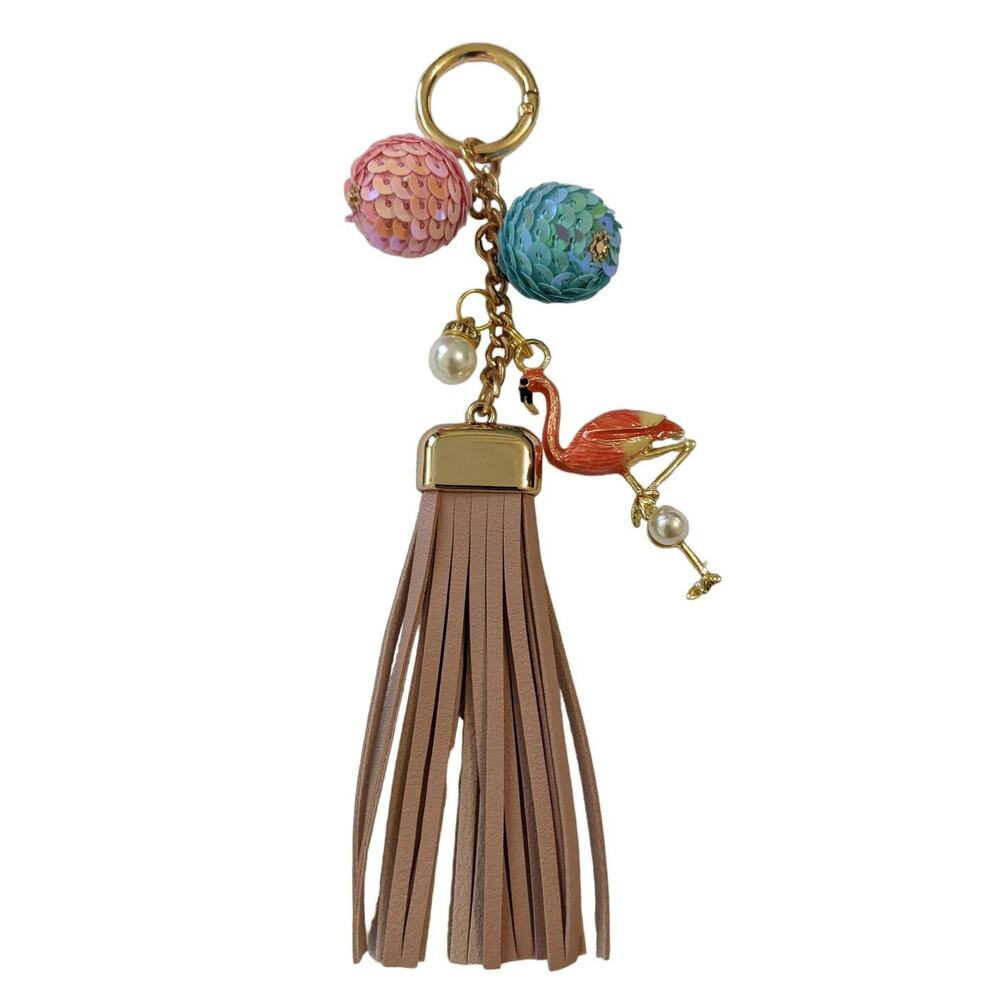 Pink Flamingo Charm Tassel Pearl Bag Purse Charm Keychain Keyring Pearl Sequin